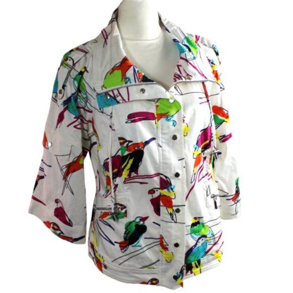 Berek White Multi Abstract Tropical Bird Cotton Jacket Size Large - Picture 4 of 9